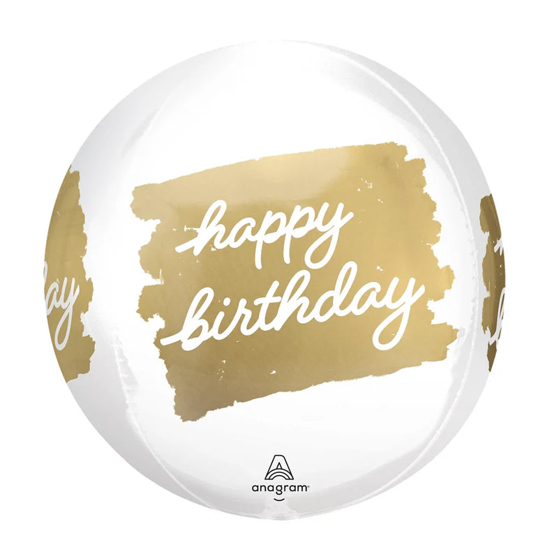 Orbz Happy Birthday white and gold Anagram 15 inch - 38 cm
