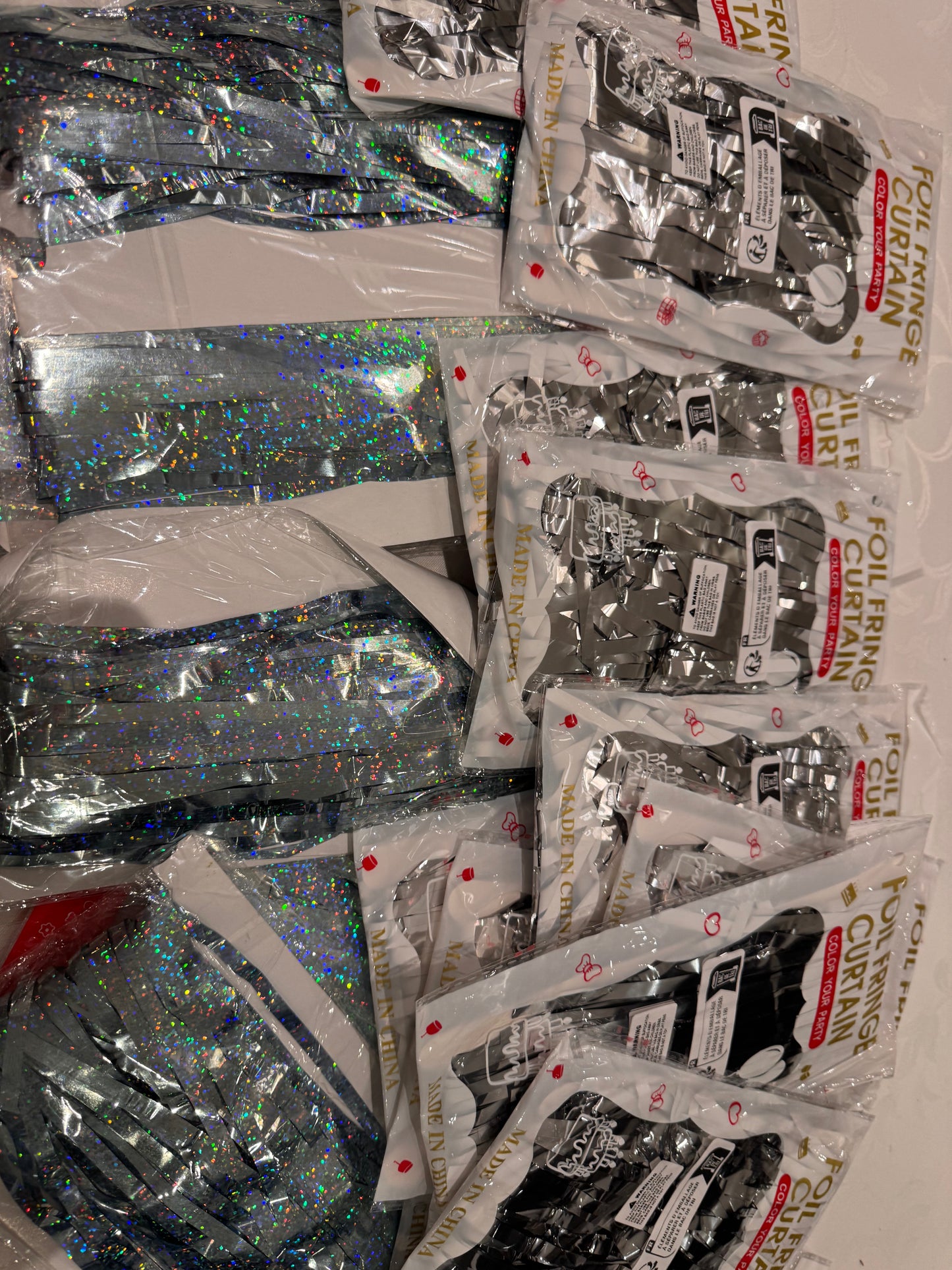 Silver & Bluey Silver Tassel Fringe Foil Curtains Assorted 1,4kg