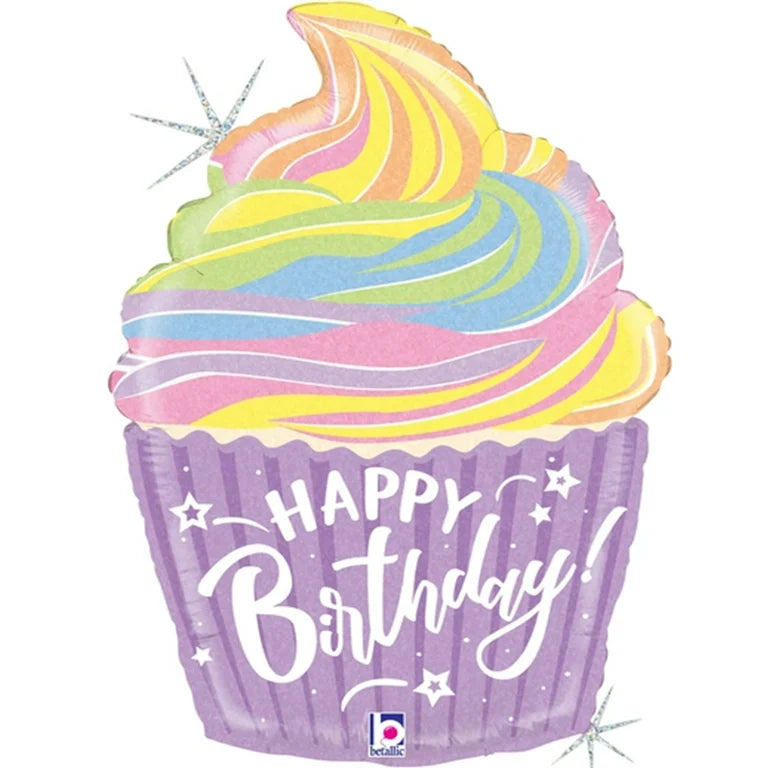 Betallic 27 inch GLITTER  Holographic foil balloon -HBD Cupcake