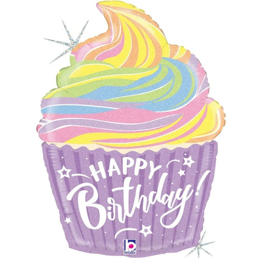 Betallic 27 inch GLITTER  Holographic foil balloon -HBD Cupcake